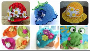 3 crochet hats for girls with flowers and a beret