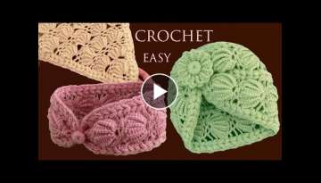 Como tejer a Crochet Paso a paso Punto Conchas de Abanico 3D para Gorros Diademas con ganchillo