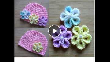 How to crochet Flower for basic baby hat 