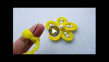 hand embroidery amazing trick# woolen flower with pearl beads#woolen flower