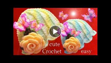 Aprende como tejer a Crochet gorro flor con aplicaciones de mariposas 3D y rosas en una tira