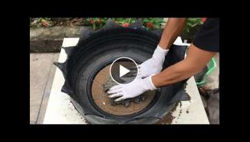  Make potted plants from cement and old tires