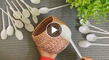 Flower Vase Making With Plastic Spoon | Plastic Spoons Craft Ideas