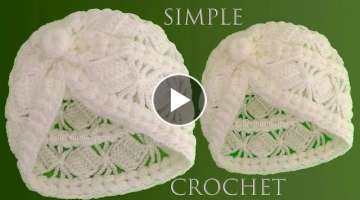 Como tejer a crochet gorro fÃ¡cil en punto cuadrados con trenzas en relieve 3D tejido con ganch...