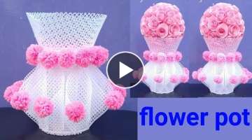 How to make flower pot with plastic net sheet | plastic net sheet craft