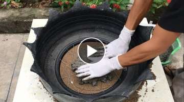  Make potted plants from cement and old tires